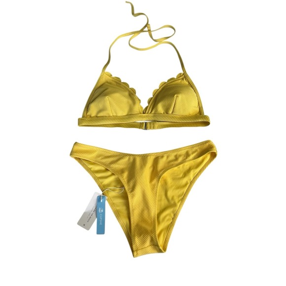 Cupshe 2 Piece Bikini Swimsuit Scallop Top High Cut Bottom Sz M NWT‎ Yellow - Picture 1 of 4